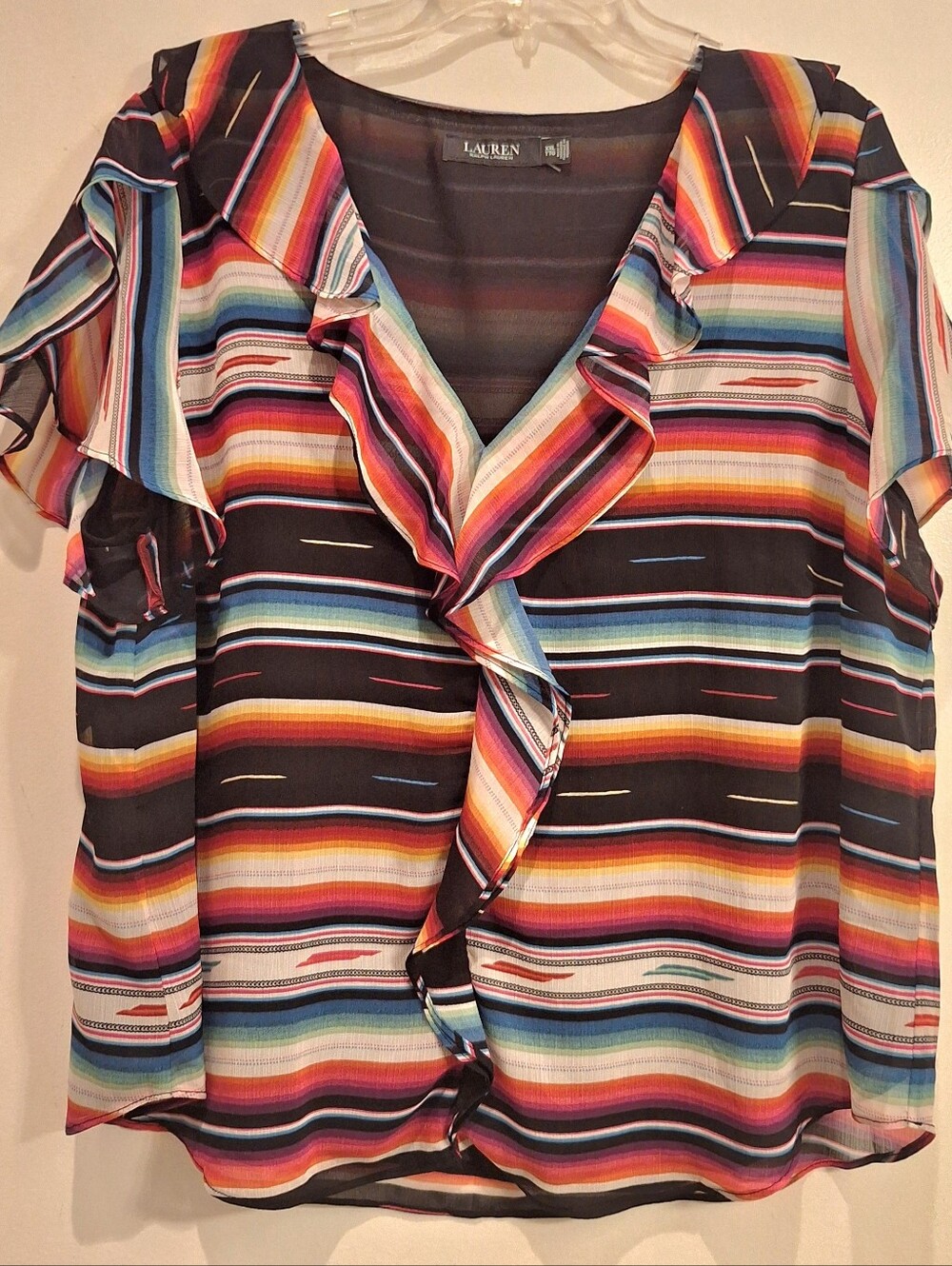 Lauren Ralph Lauren Womens Ruffle V Neckline Top 2X Colorful V-Neck Short Sleeve